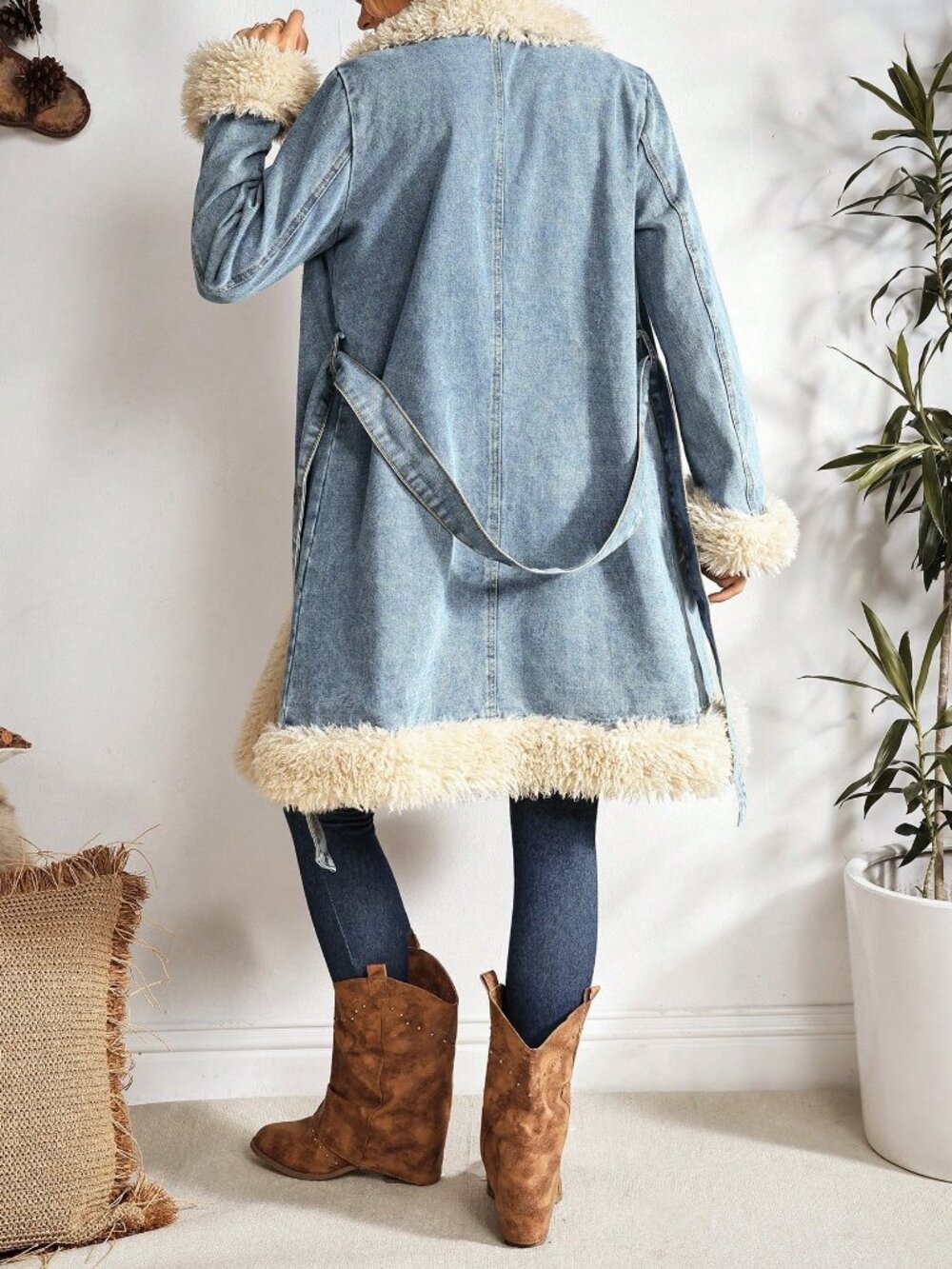 Blue Casual Women's Fuzzy Patchwork Denim Jacket - Picture 2 of 7